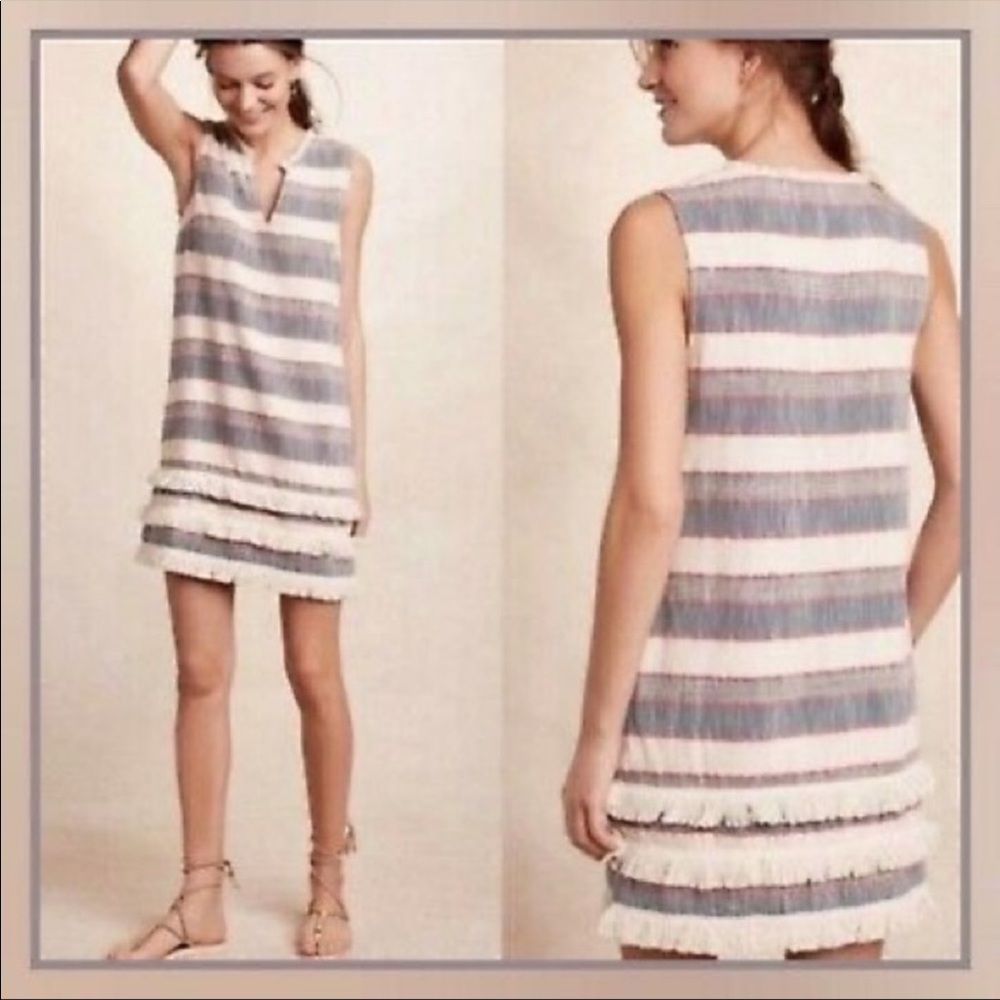 Holding Horses Anthropologie sleeveless shift dress sz 14 blue, cream fringe